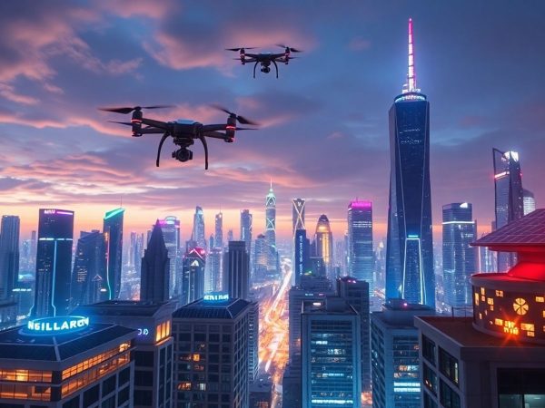 Oraș futurist cu tehnologie avansată și drone zburătoare.