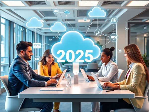 Colaborare profesională în birou, simbolizând cloud computing.